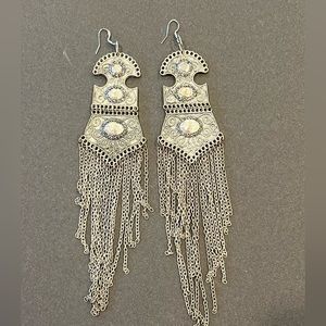 Y2K Art Deco inspired Grey Metal Tone Earrings with chains 7” with hooks